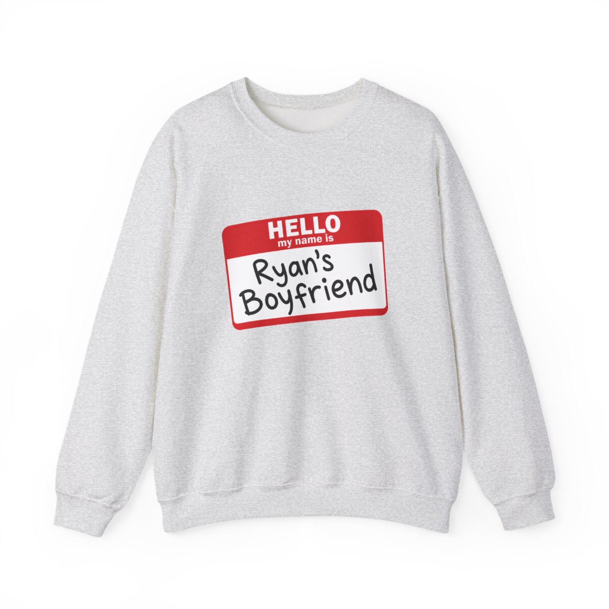 A pale blue featuring a red name tag that says "HELLO, Ryan's Boyfriend" in black. The shirt has a crew neck and short sleeves - alternate angle 3, merchandise