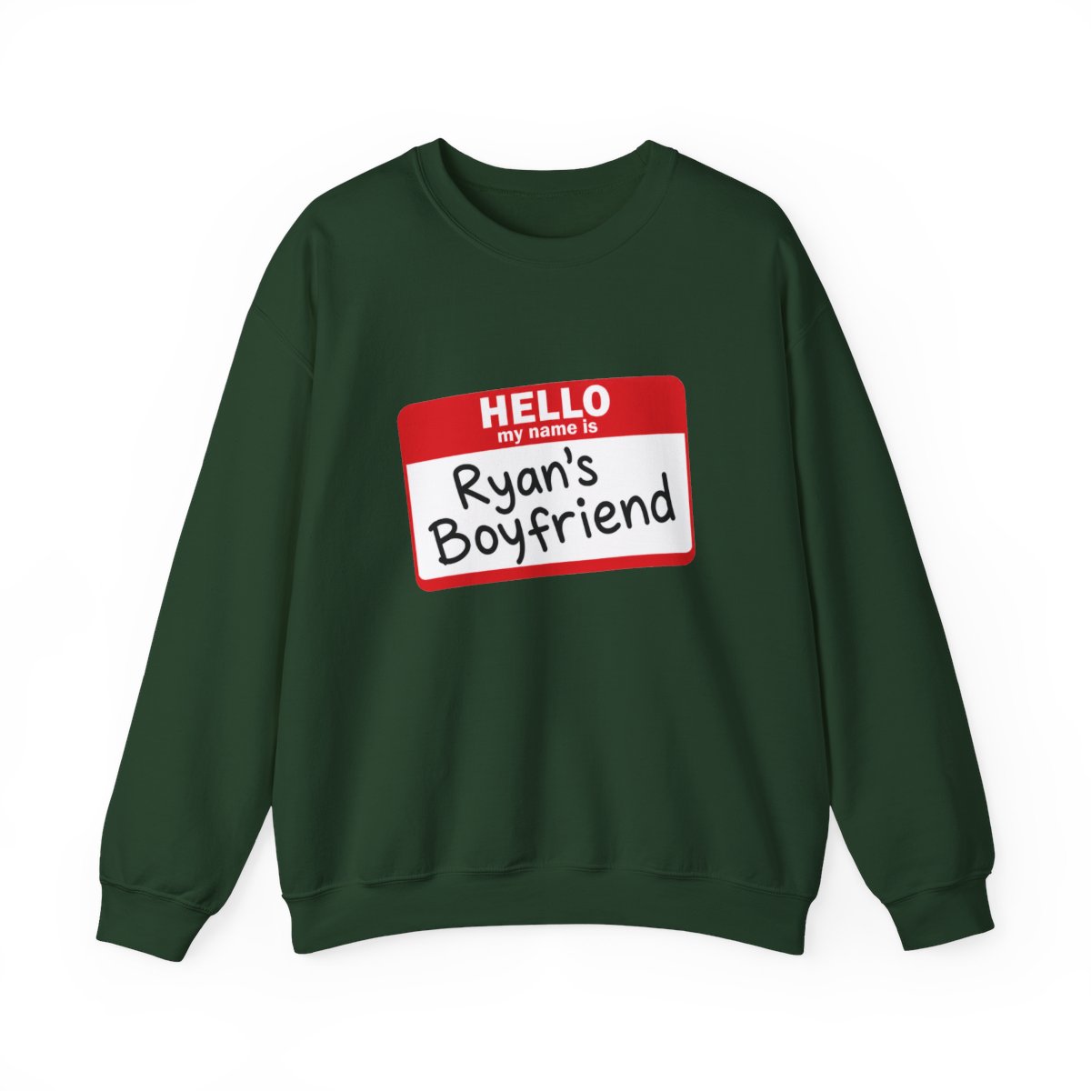 A pale blue featuring a red name tag that says "HELLO, Ryan's Boyfriend" in black. The shirt has a crew neck and short sleeves - Official Sweatshirts merchandise