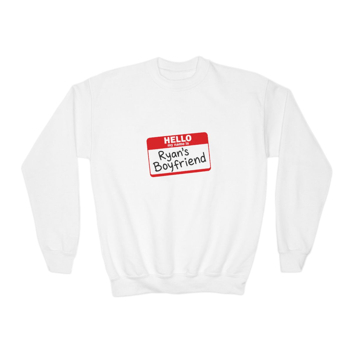 A pale blue featuring a red name tag that says "HELLO, Ryan's Boyfriend" in black. The shirt has a crew neck and short sleeves (Kids) - alternate angle 2, merchandise