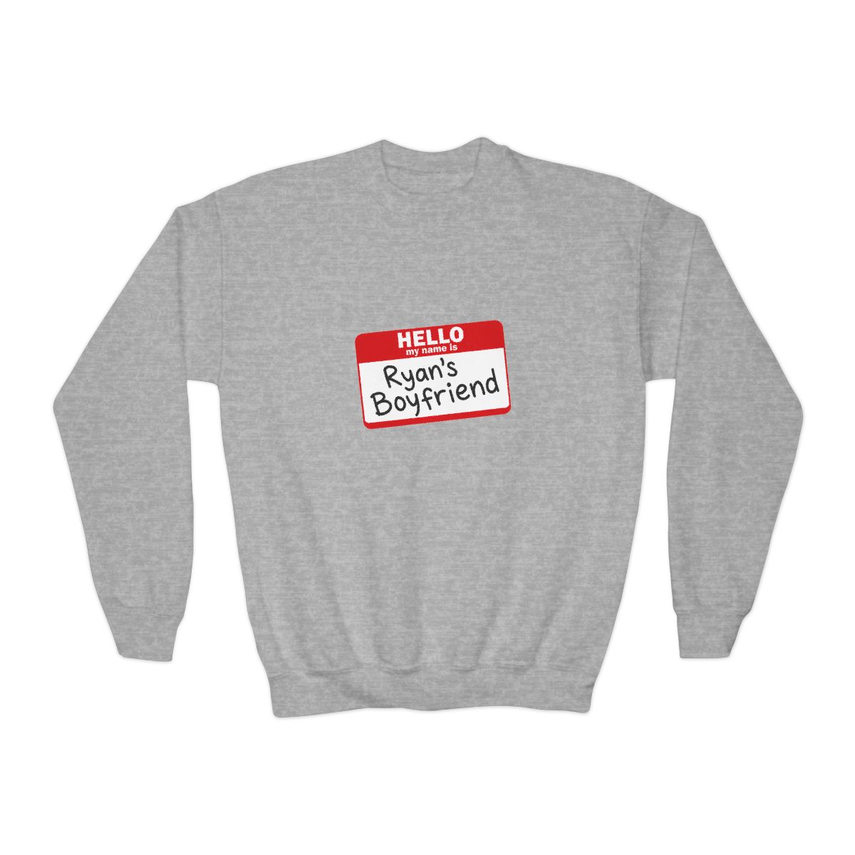 A pale blue featuring a red name tag that says "HELLO, Ryan's Boyfriend" in black. The shirt has a crew neck and short sleeves (Kids) - alternate angle 3, merchandise